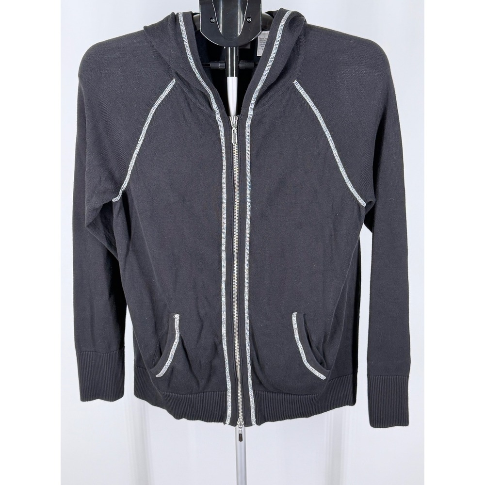 Zenergy by Chicos‎ Black Cotton Knit Full Zip Hoodie Silver Stitching Size 1